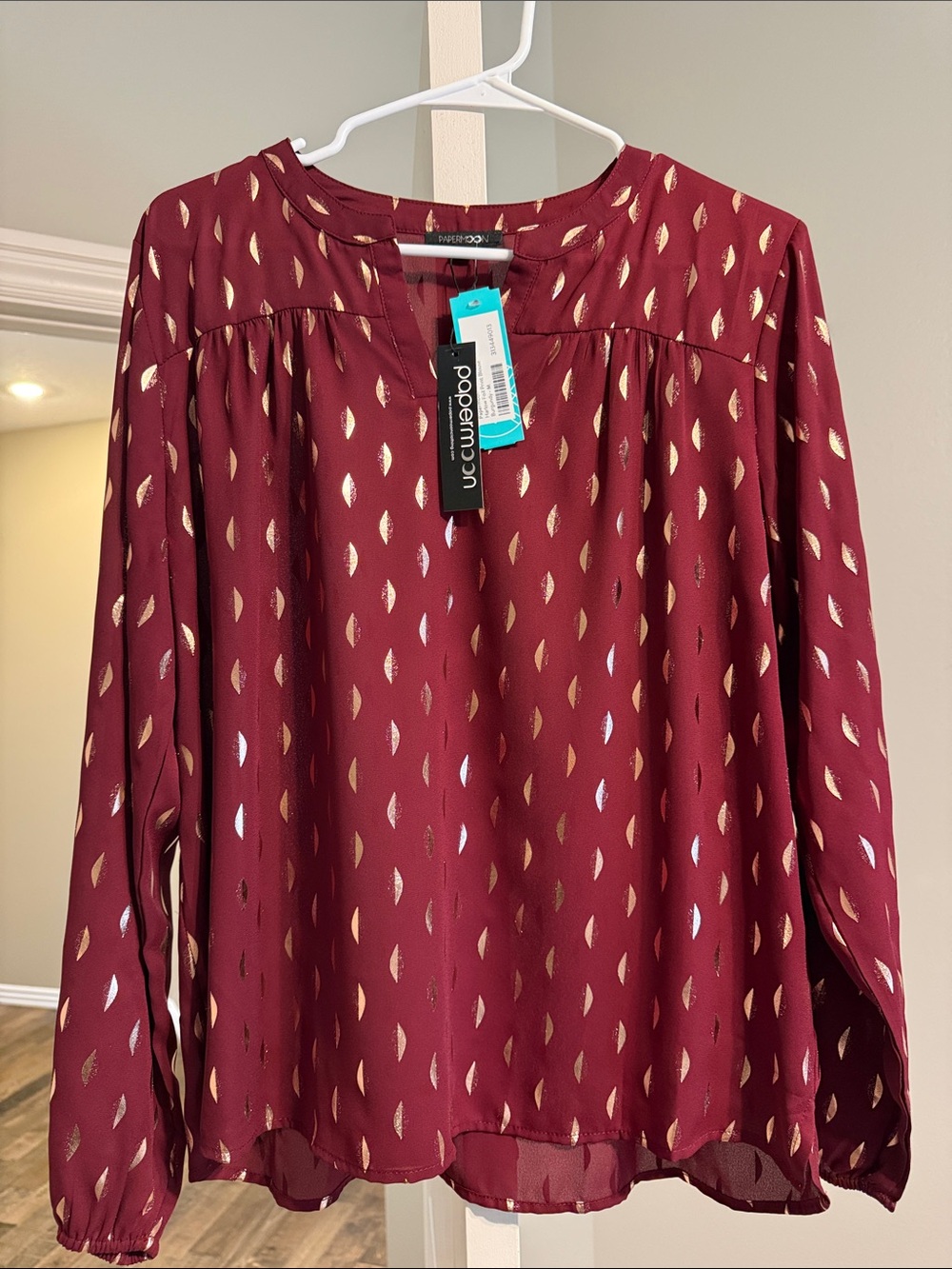 Papermoon Burgundy Blouse with Metallic Gold Leaf Print